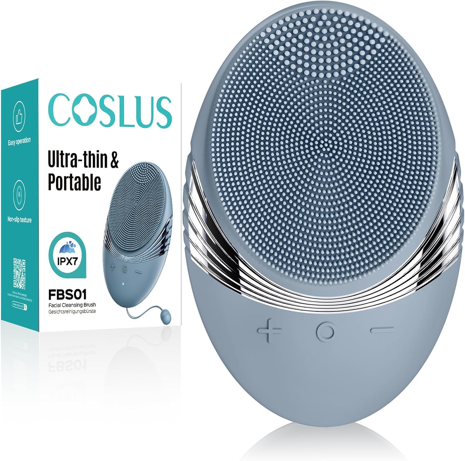 COSLUS FBS01 Rechargeable Facial Cleansing Brush - Travel-Friendly, Gentle Silicone with 5 Cleansing Modes for Deep Skin Care and Blackhead Removal in Hazy Blue