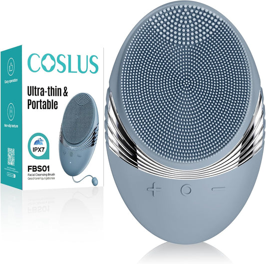 COSLUS FBS01 Rechargeable Facial Cleansing Brush - Travel-Friendly, Gentle Silicone with 5 Cleansing Modes for Deep Skin Care and Blackhead Removal in Hazy Blue