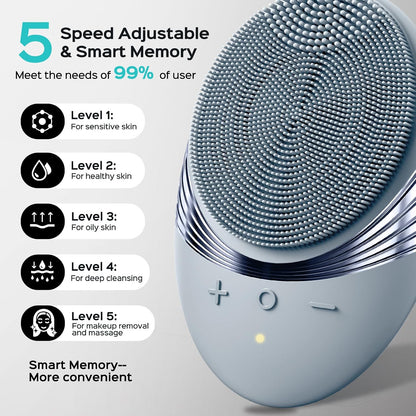 COSLUS FBS01 Rechargeable Facial Cleansing Brush - Travel-Friendly, Gentle Silicone with 5 Cleansing Modes for Deep Skin Care and Blackhead Removal in Hazy Blue
